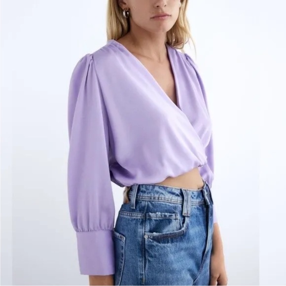 Zara satin effect draped lilac Blouse long sleeve large - Picture 9 of 9